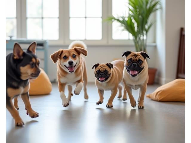 広々とした遊び場で楽しそうに遊ぶ犬たち